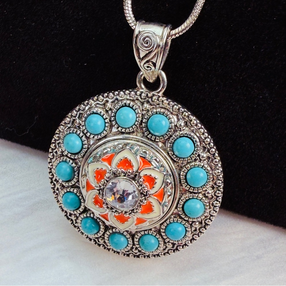Silvertone Blue Orange Bling Snap Pendant Necklace